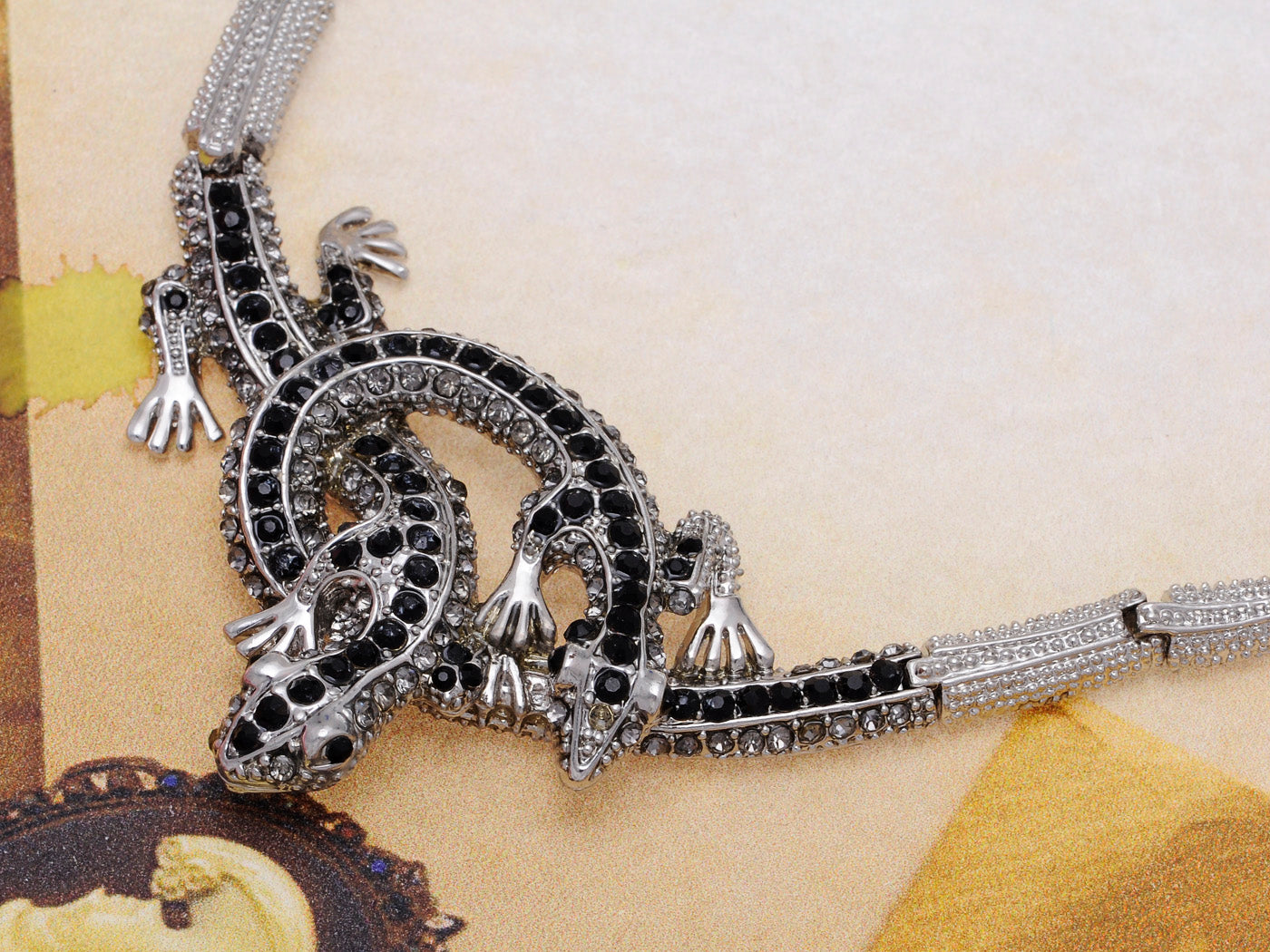 Twin Jet Blck Lizard Reptile Pair Necklace Earring Set