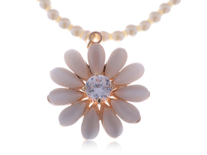 Pearl Necklace With And White Gem Flower Pendant