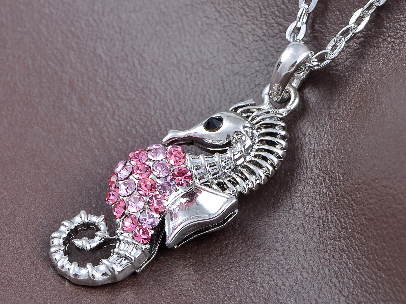 Tiny Rose Fuchsia Pink Sea Horse Pendant Necklace
