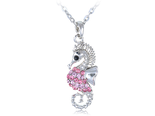 Tiny Rose Fuchsia Pink Sea Horse Pendant Necklace