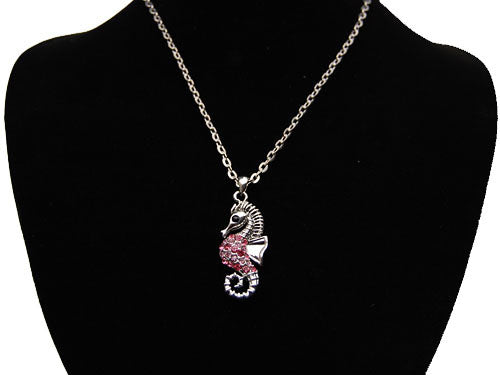 Tiny Rose Fuchsia Pink Sea Horse Pendant Necklace