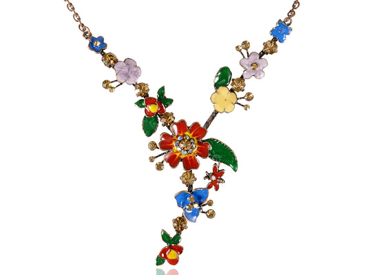 Multicolored Enamel Flower Floral Branch Dangle Necklace