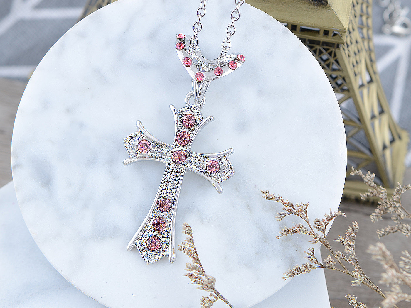 Rose Pink Holy Cross Pendant Heart Shape Necklace