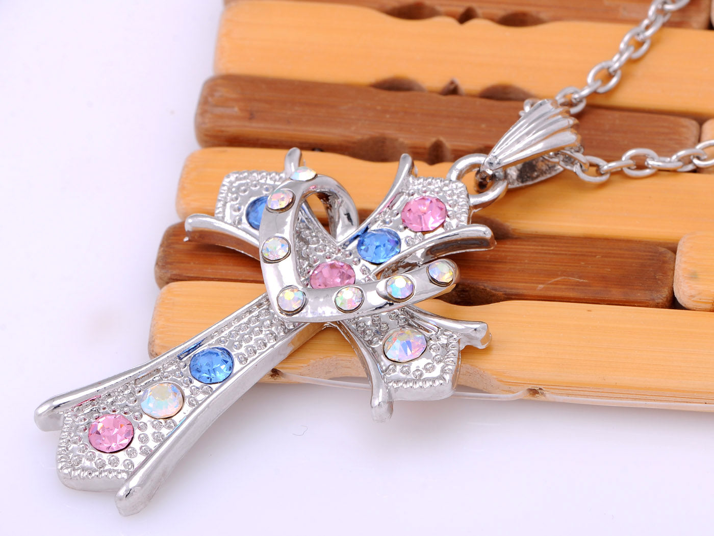 Blue Rose Pink Hip Heart Cross Pendant Necklace