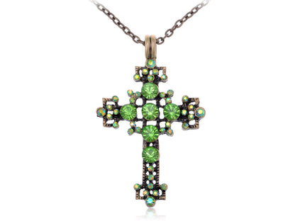 Vintage Green Peridot Bubble Holy Cross Pendant Necklace