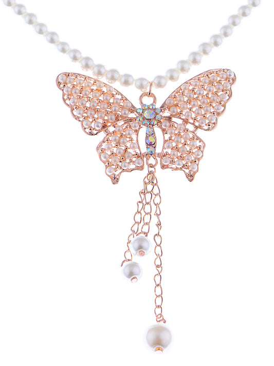 Faux Pearls Flower Butterfly Dangling Tassel Necklace