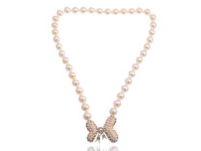 Butterfly Abstract Cream Bow Fabricated Pearl Bead Necklace