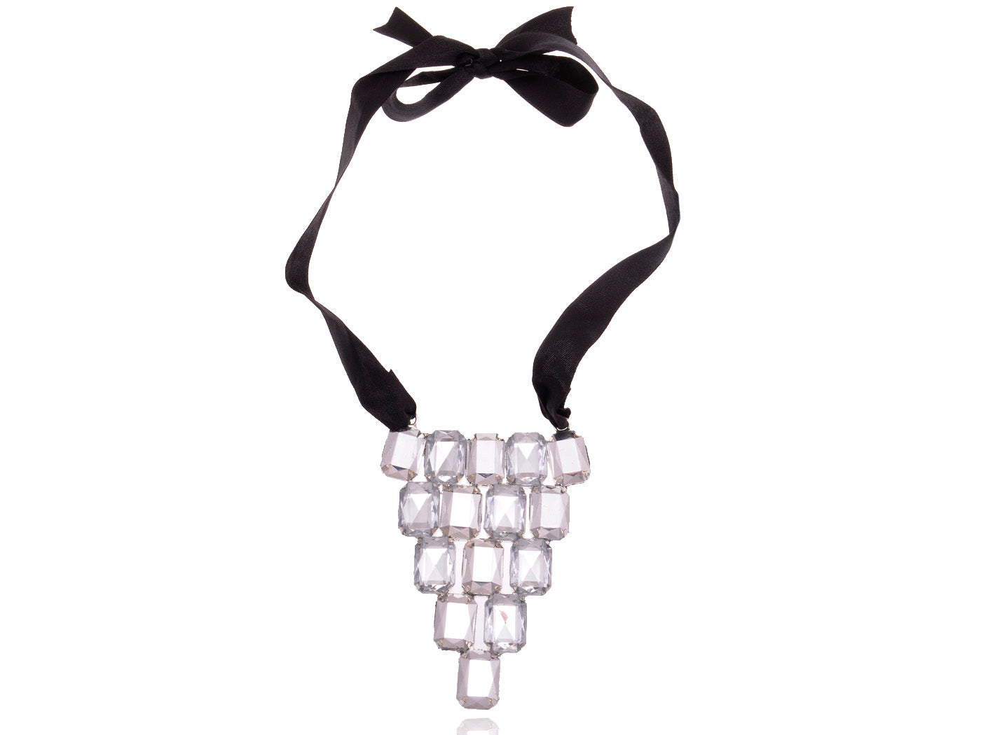 Black Ribbon Acry Bead Jeweled Bib V Shape Necklace
