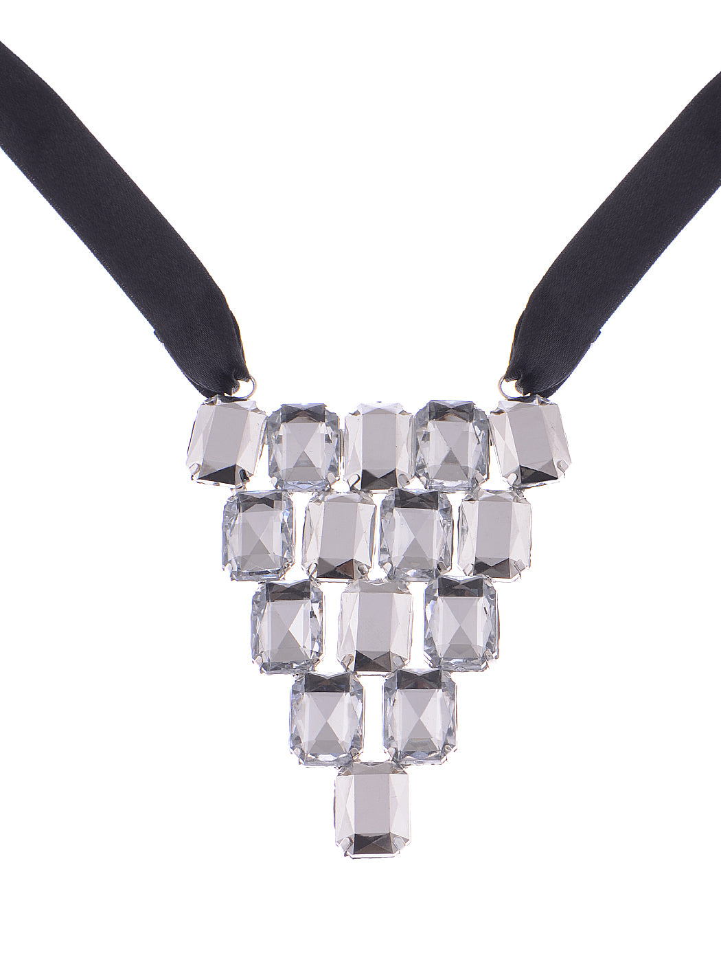 Black Ribbon Acry Bead Jeweled Bib V Shape Necklace