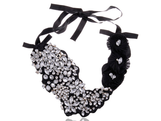 Flower Acry Gem Jewel Cluster Fabric Grosgrain Bow Black Bib Necklace