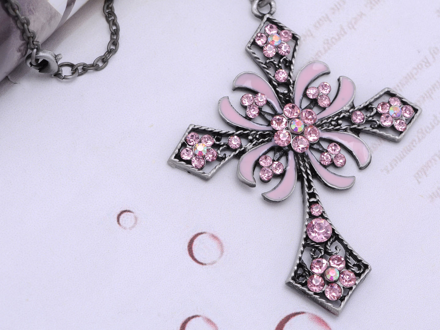 Pink Rose Daisy Flower Enamel French Fleur De Lis Holy Cross Pendant Necklace