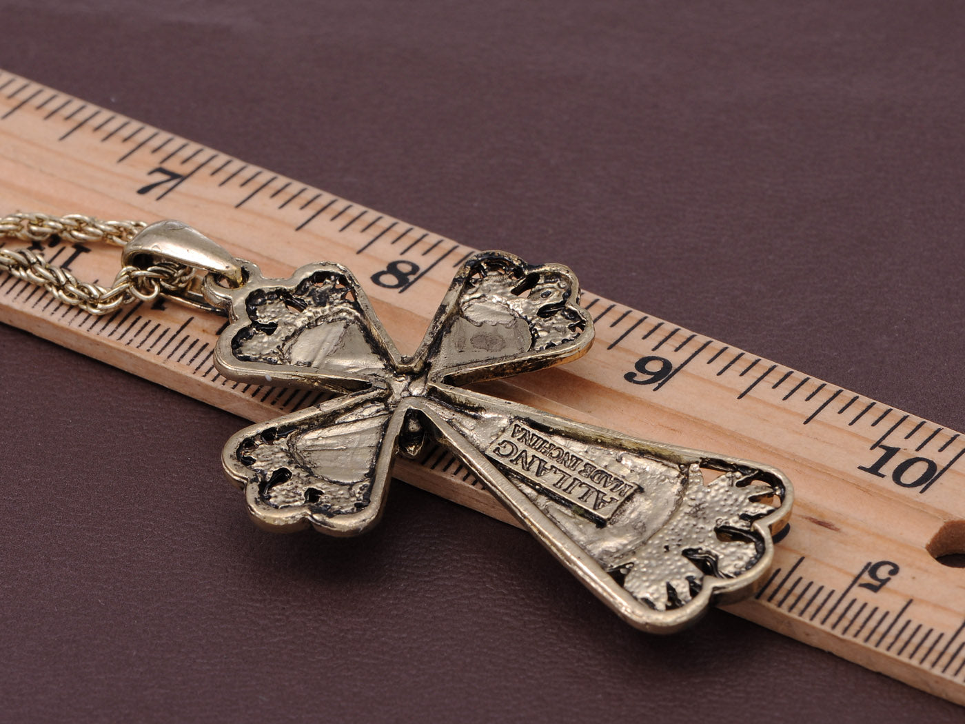 Antique Enamel Painted Leafy Celtic Cross Pendant Necklace