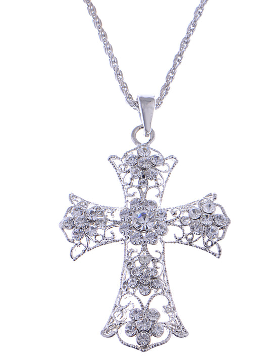 Flower Detailed Flower Design Cross Pendant Necklace