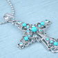 Silver Turquoise Blue Beaded Celtic Cross Pendant Necklace