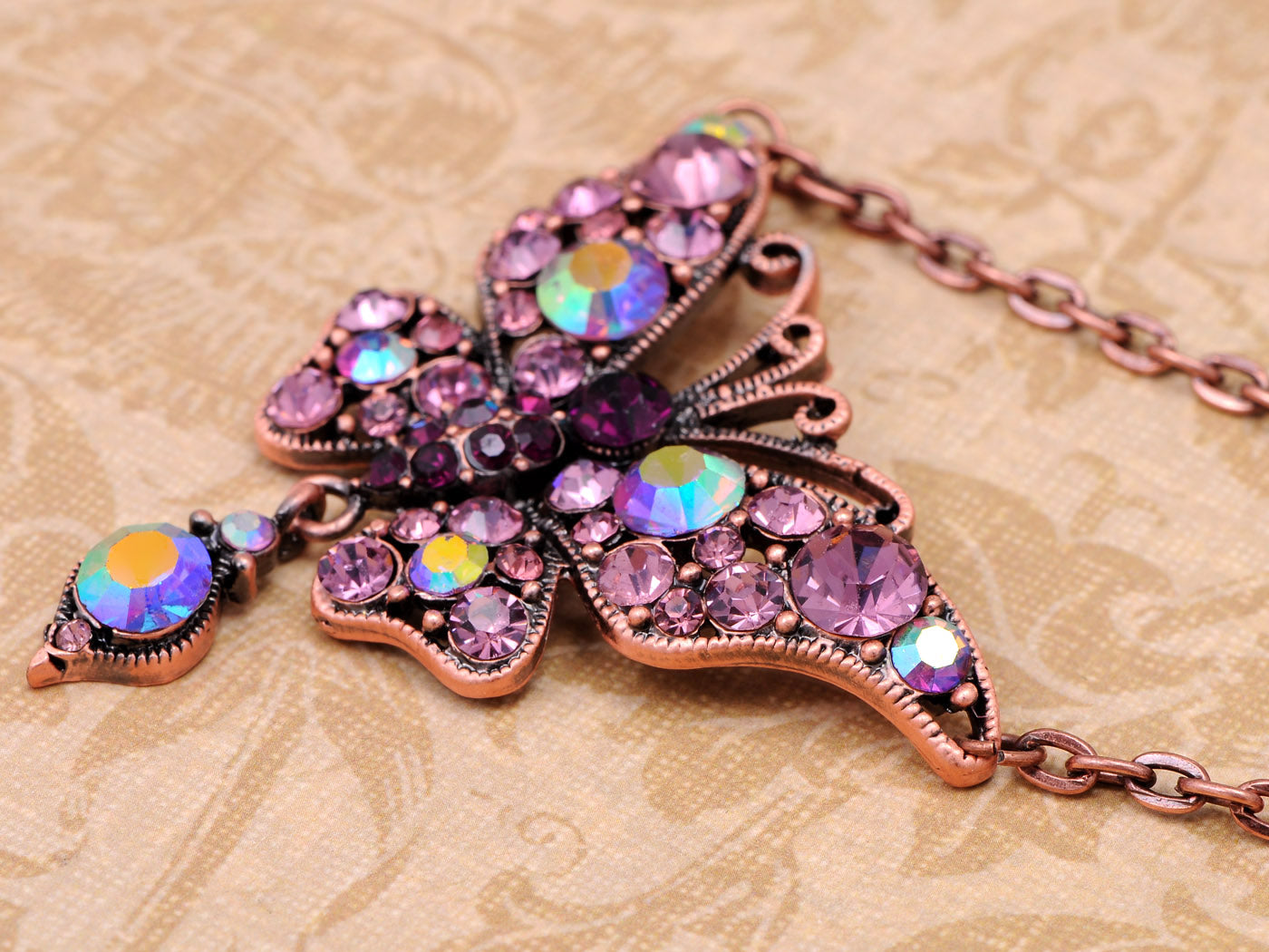 Amethyst Pink Antique Bronze Butterfly Tear Drop Dangle Pendant Necklace