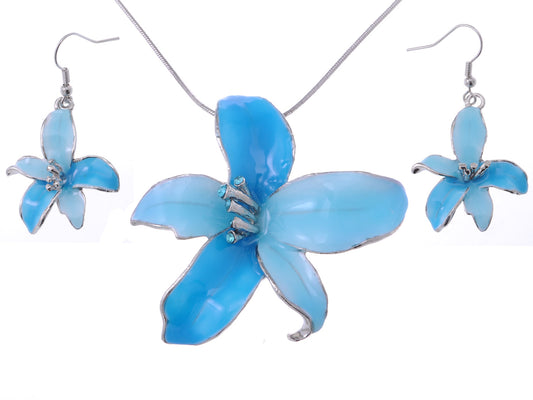 Tropical Hawaiian Fresh Flower Sky Blue Enamel Necklace Earring Set