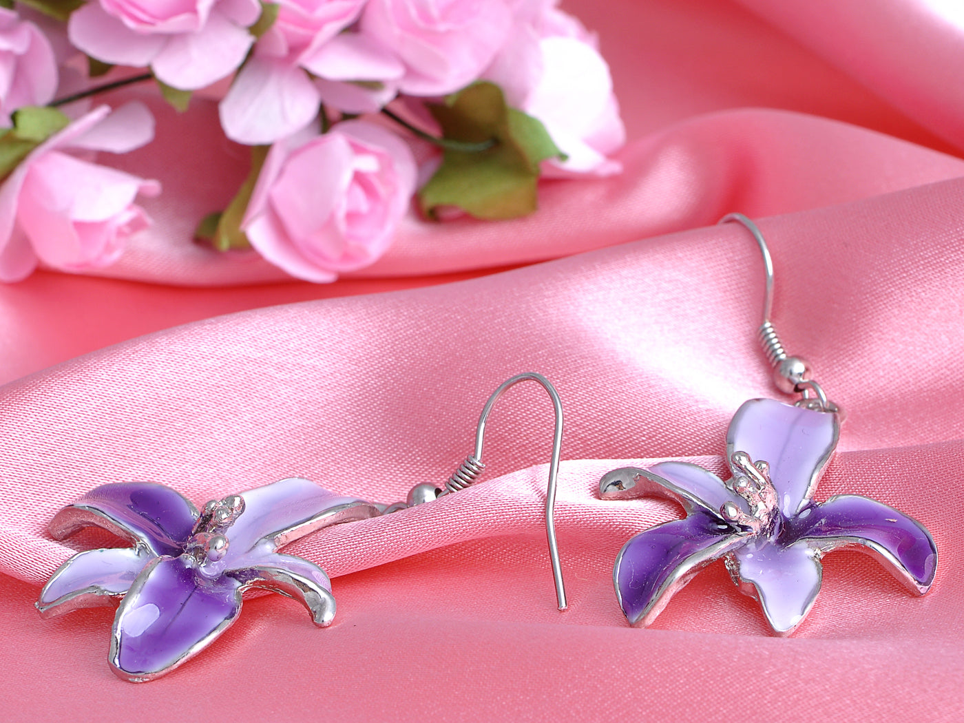 Pink Purple Hawaiian Flower Necklace Earrings Set