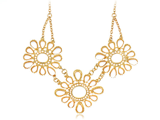 Tribal Ethnic Floral Ivory Sunburst Gold Flower Gold Dual Strand Necklace