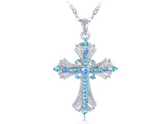 Religious Cross Pendant Necklace Aquamarine