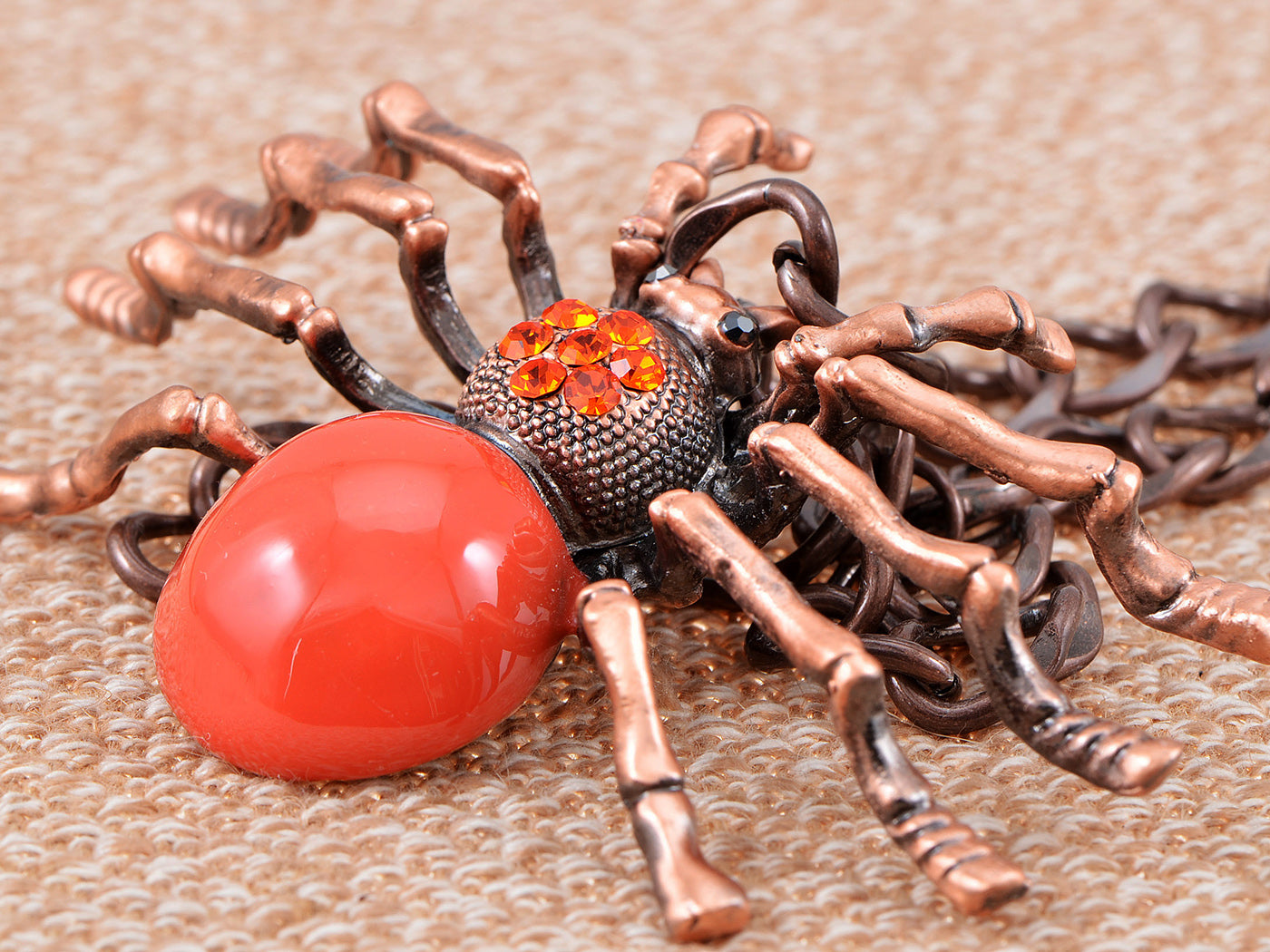 Rusty Brass Shine Red Orange Spider Queen Pendant Necklace