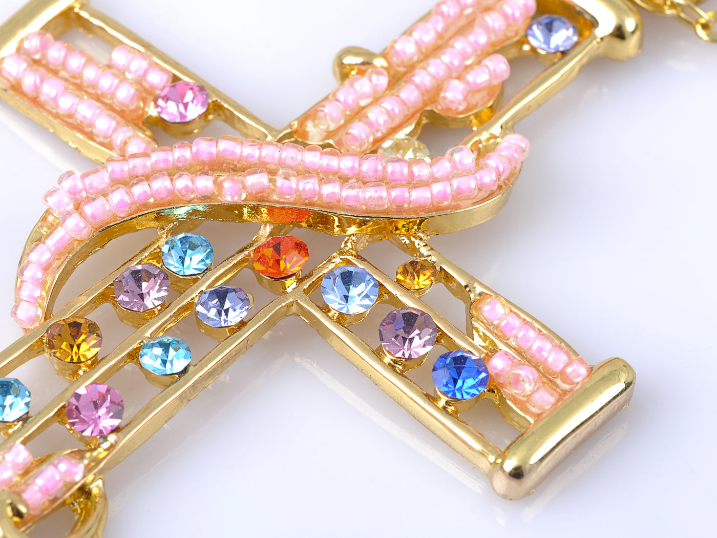 Multicolored Pink Bead Cross Pendant Necklace