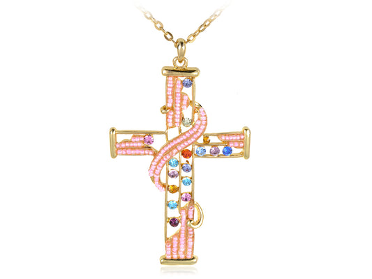 Multicolored Pink Bead Cross Pendant Necklace