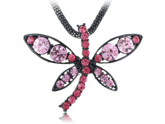 Pink Black Outline Dragonfly String Necklace Pendant