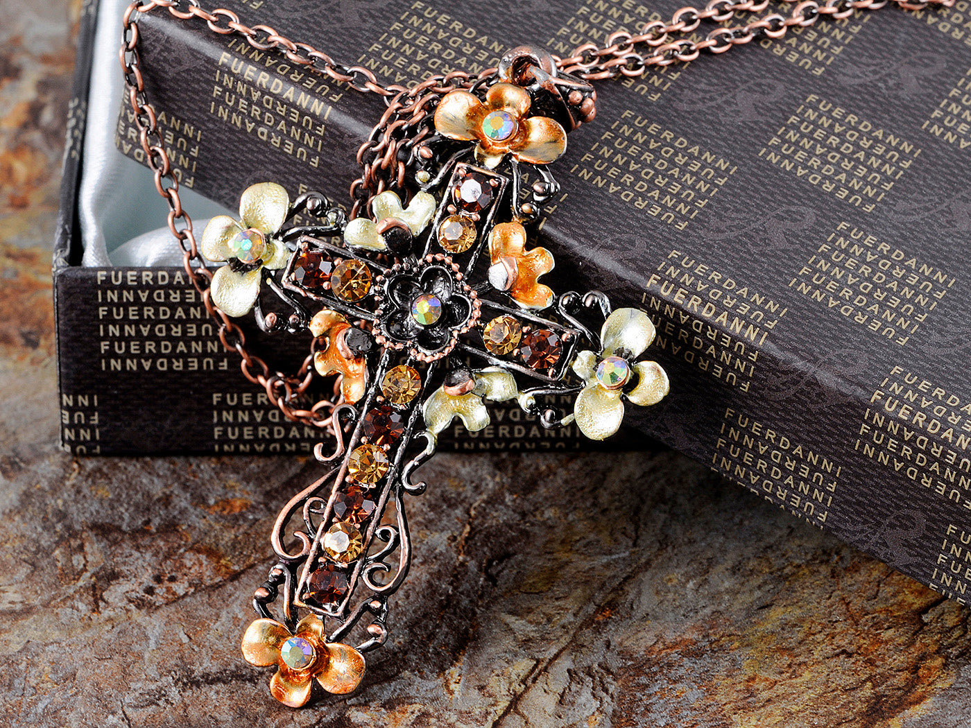 Orange Topaz Flower Floral Cross Necklace