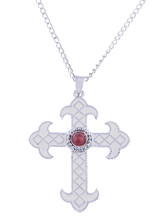 White Paint Red Jewel Tribal Cross Clean Style Pendant Necklace