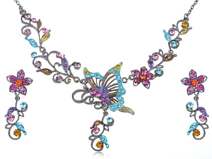 Colorful Butterfly Cluster Floral Flower Necklace Earring Set
