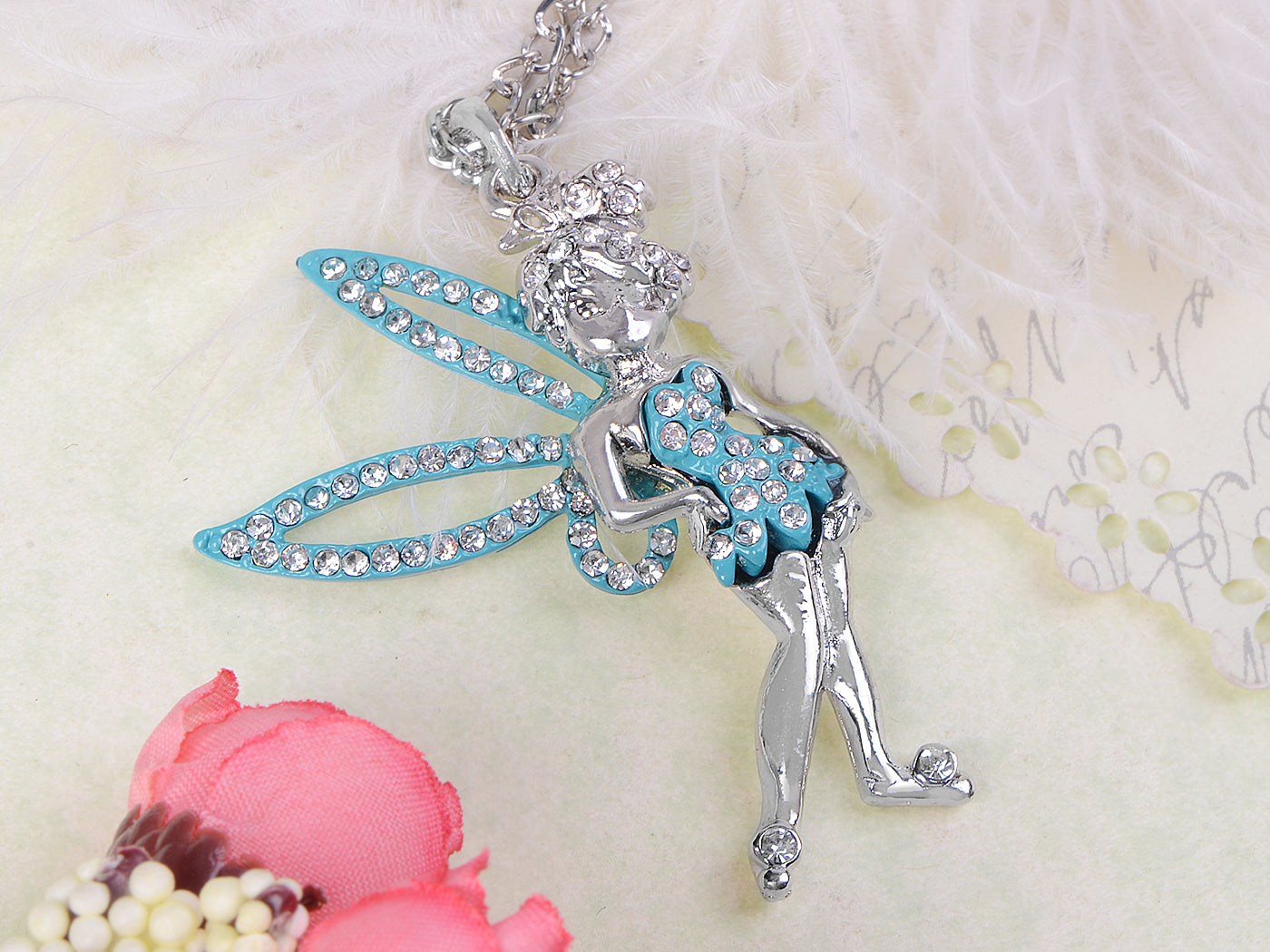 Silver Green Enamel Pixie Fairy Angel Pendant Necklace