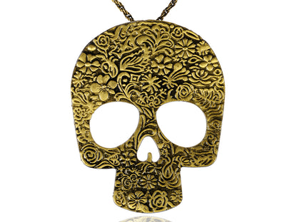Flowers Vintage Dia De Los Muertos Skull Head Pendant Necklace
