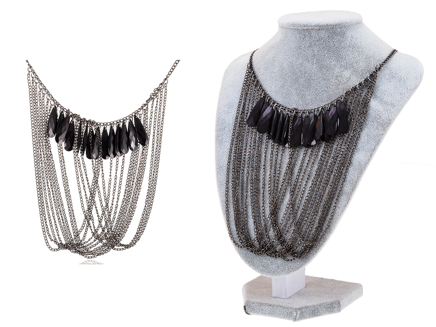 Grey Gun Cascading Strands Chains With Black Bead Ss Necklace