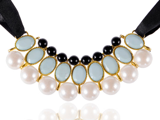 Cream Pearl Statement Collar Bib Tie Necklace With Colored Beads