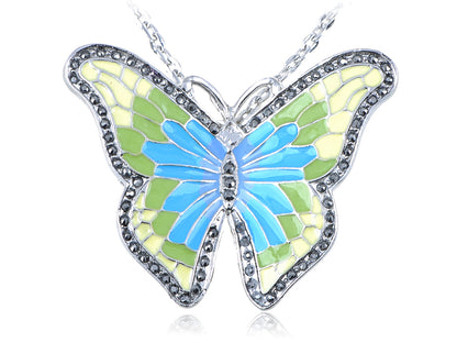 Citrus Green Lime Yellow Enamel Wing Painted Butterfly Pendant Necklace