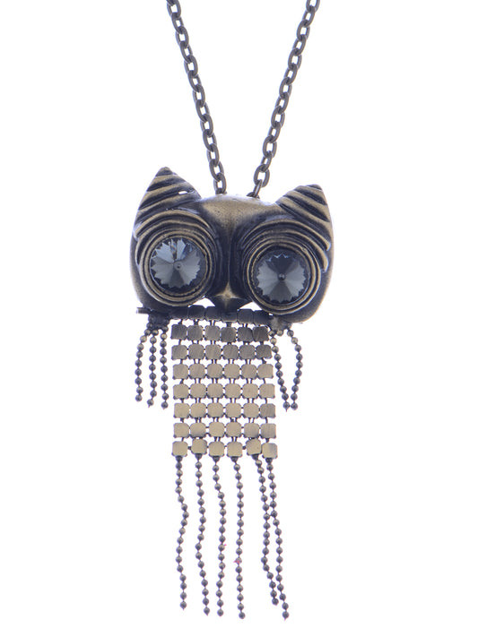 Antique Mesh Dangle Jet Black Eyes Owl Big Eyed Alien Pendant Necklace