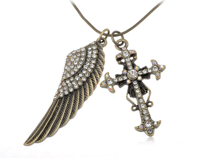 Angel Studded Wing & Holy Cross Pendant Necklace