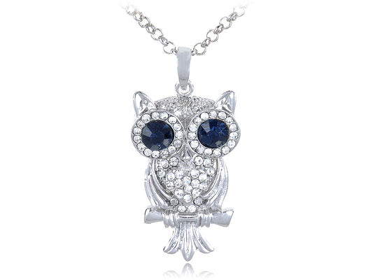 Big Blue Eyes Leaf Owl Bird Pendant Necklace