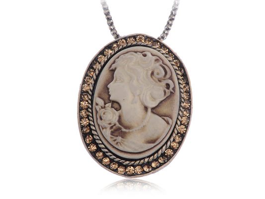 Antique Light Brown Vintage Cameo Woman Pendant Necklace