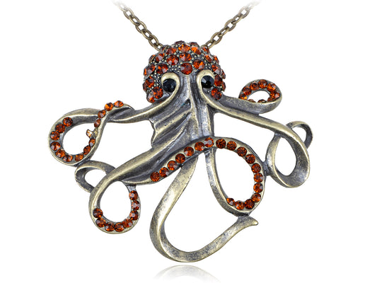 Antique Brass Smoked Red Topaz Colored Octopus Steampunk Pendant Necklace