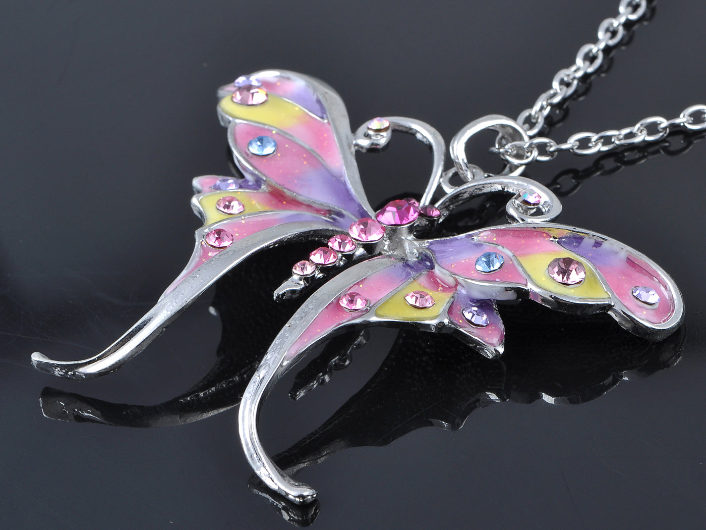Glitter Pastel Spring Colorful Butterfly Pendant Necklace