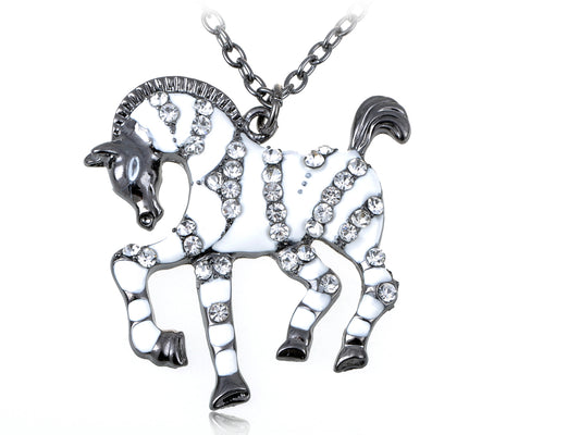 Gun White Striped Zebra Horse Pendant Necklace