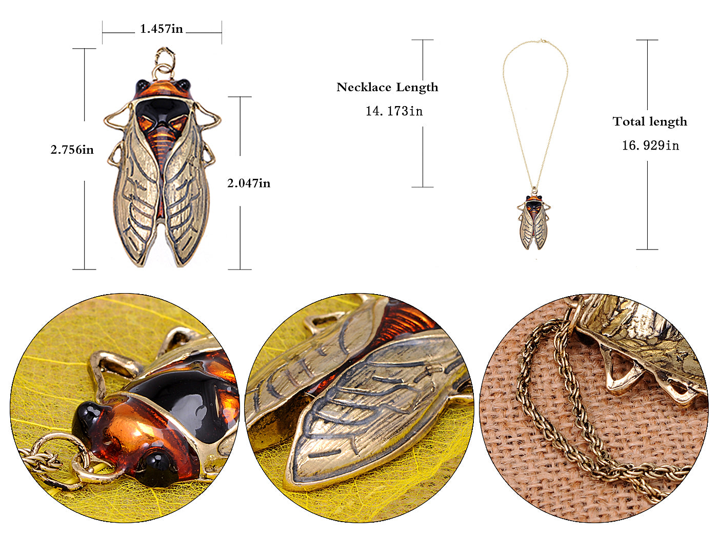 Big Antique Orange Amber Vintage Insect Cicada Beetle Bug Chain Pendant Necklace