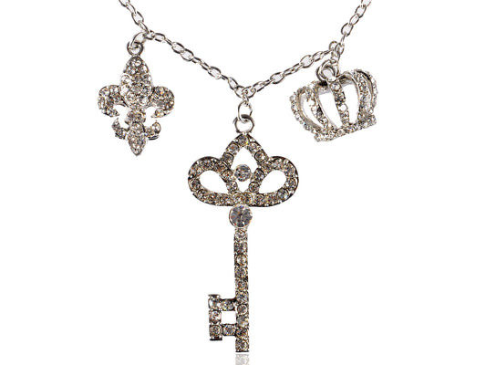 Ice Key Crown Chain Links Fleur De Lis Combination Charm Necklace Pendant