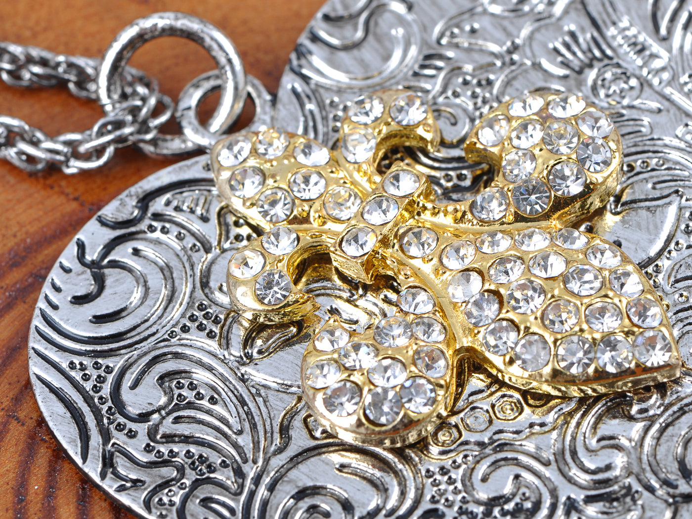 Intricate Pattern Jewel Iced Out Fleur De Lis Heart Shape Fancy Pendant Necklace