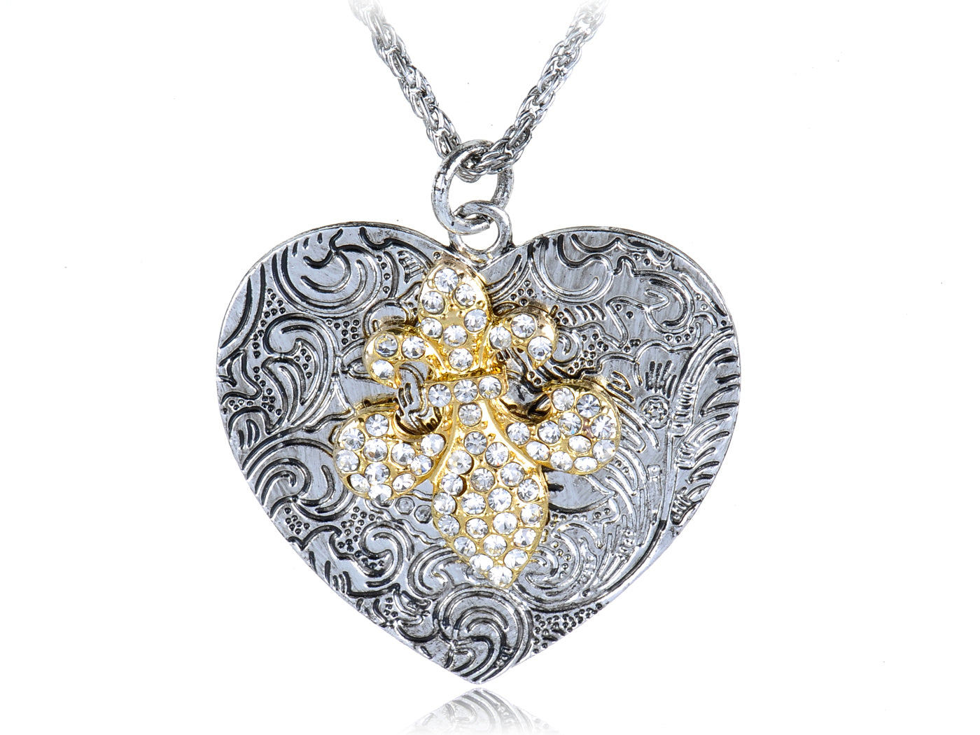 Intricate Pattern Jewel Iced Out Fleur De Lis Heart Shape Fancy Pendant Necklace