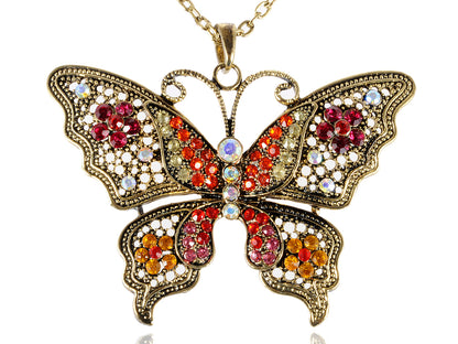 Antique Red Orange Filigree Butterfly Pendant Necklace