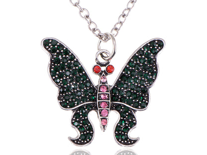 Green Emerald Pink Red Eye Butterfly Pendant Necklace
