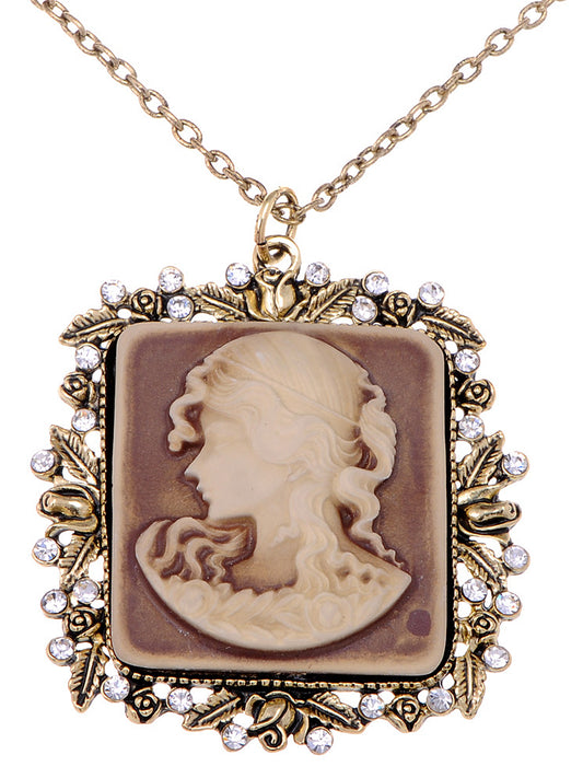 Antique Vintage Brown Square Cameo Lady Maiden Pendant Necklace