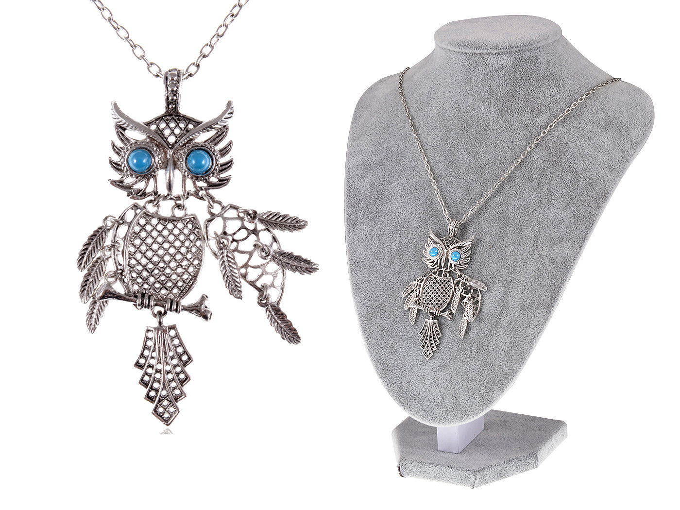 Color Blue Turquoise Eye Bird Owl Pendant Necklace